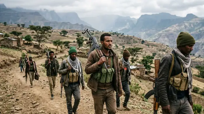 Combattants de la milice Fano en armes dans les hautes terres de la région Amhara, en Éthiopie, sur fond de paysage rural.