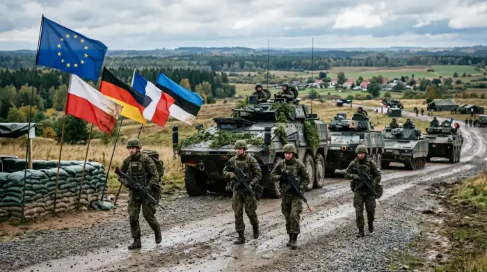 Soldats européens et blindés déployés sur le flanc oriental de l'OTAN, drapeaux de l'Union européenne et nationaux au premier plan.