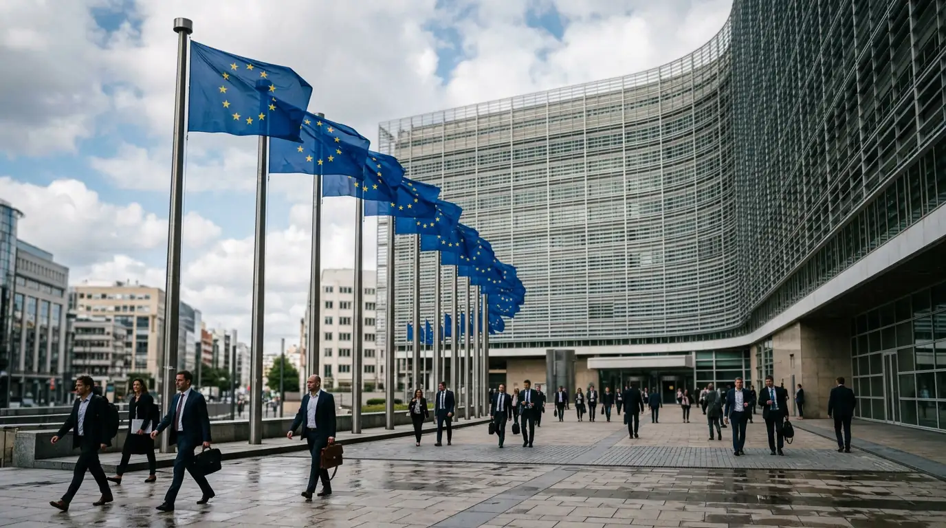 Drapeaux de l'Union européenne devant un bâtiment institutionnel à Bruxelles.