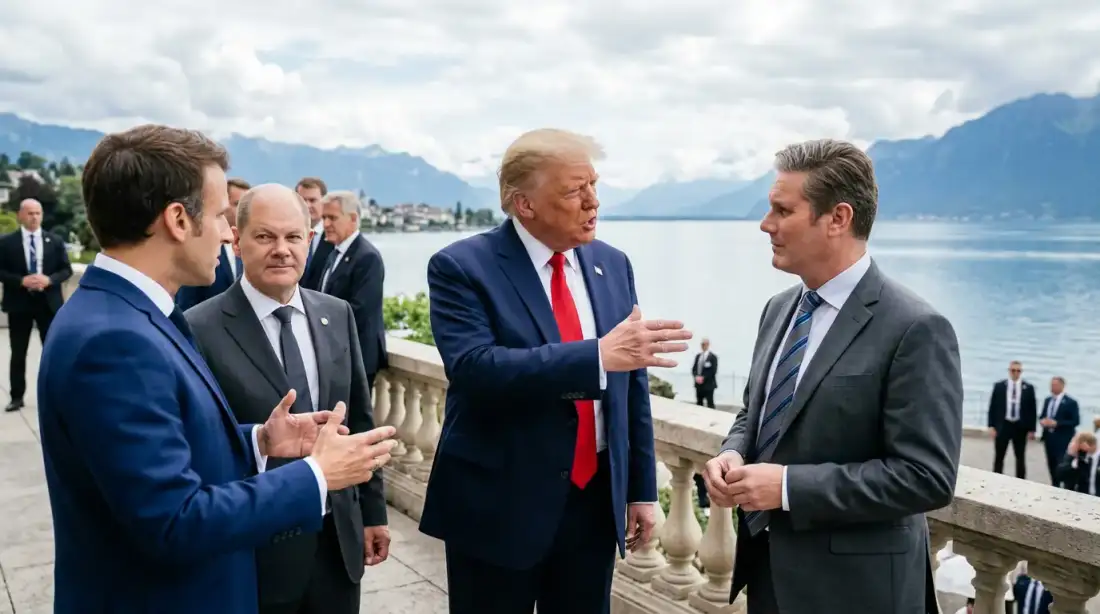 Le président américain Donald Trump au sommet du G7 d'Évian-les-Bains, en discussion avec des dirigeants alliés sur une terrasse dominant le lac Léman, sur fond de tensions numériques transatlantiques