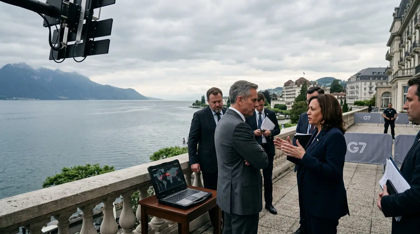 Vue du lac Léman depuis Évian-les-Bains lors du sommet du G7, symbole des tensions numériques transatlantiques
