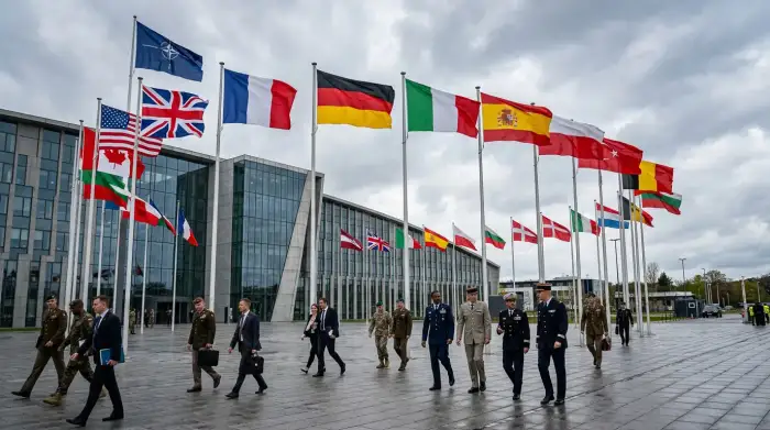 Drapeaux des nations membres de l'OTAN flottant devant le siège de l'Alliance à Bruxelles, symboles d'un engagement collectif sous tension budgétaire