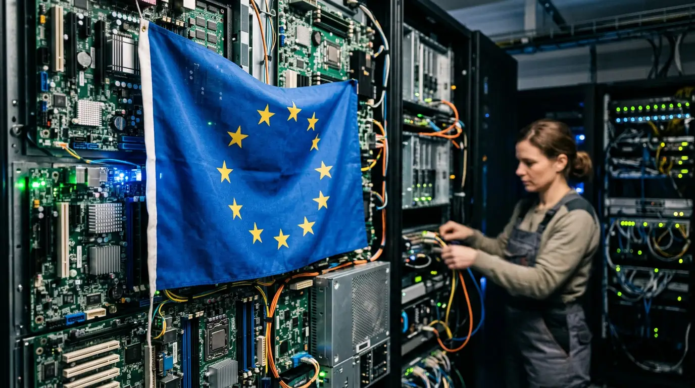 Drapeau européen sur fond de circuits électroniques symbolisant la souveraineté numérique