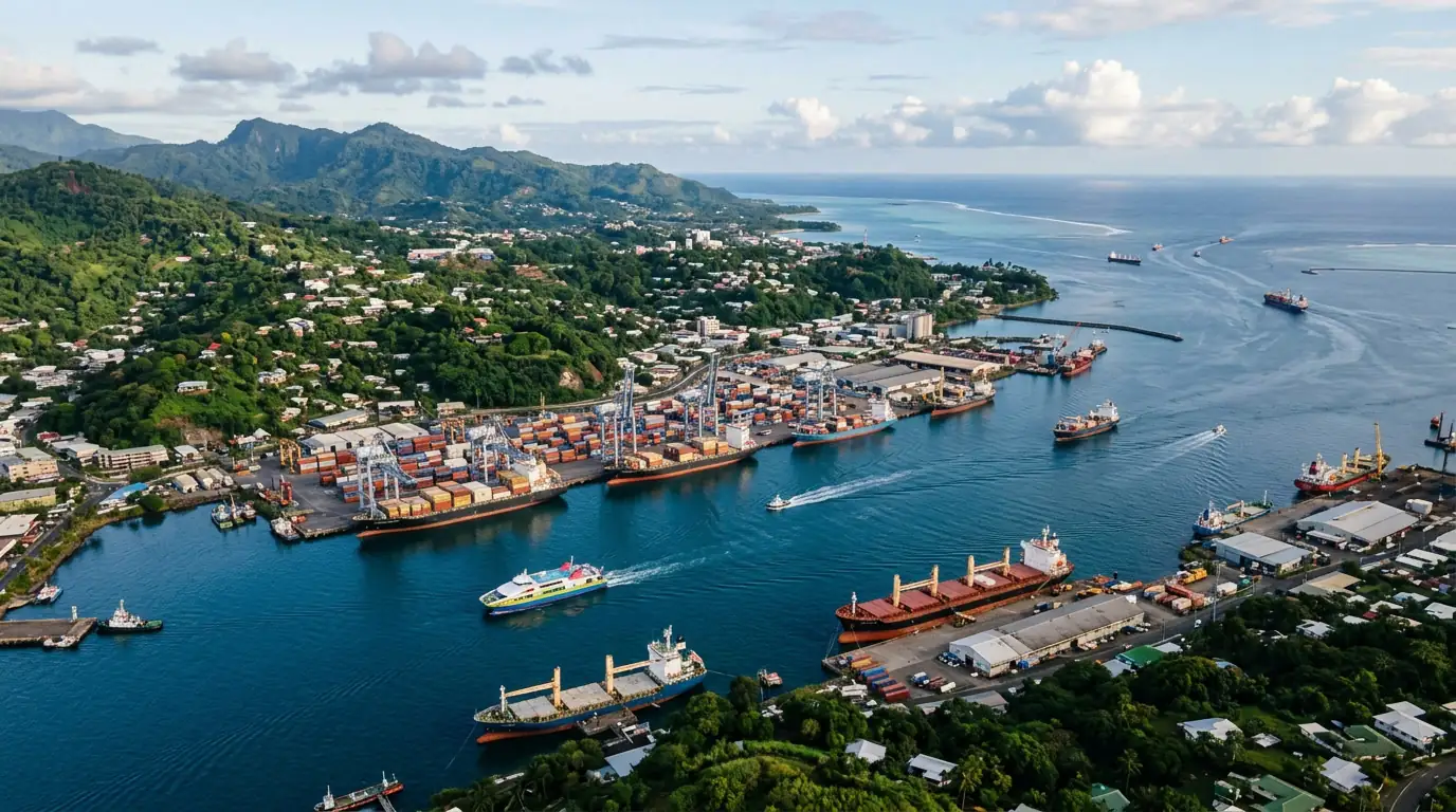 Vue aérienne du port de Suva aux Fidji : navires marchands, grues et collines tropicales au carrefour des routes maritimes du Pacifique Sud.