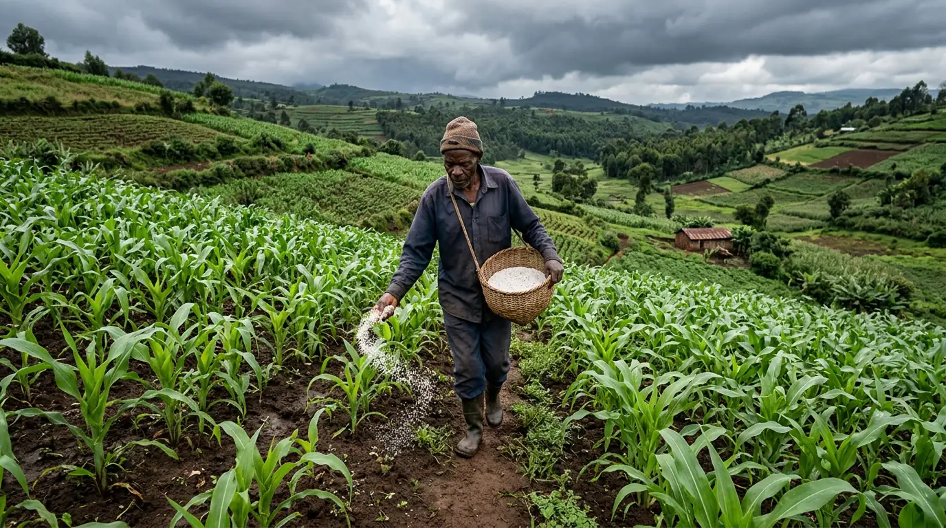 Petit agriculteur épandant à la main de l'engrais dans un champ de maïs des hautes terres d'Afrique de l'Est, sous un ciel de saison des pluies.