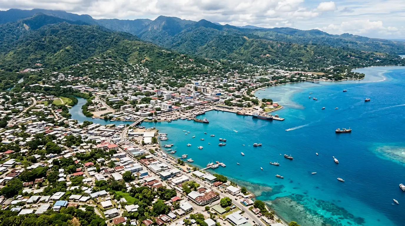 Vue aérienne de Honiara, capitale des Îles Salomon, avec le lagon bleu et les collines verdoyantes en arrière-plan.