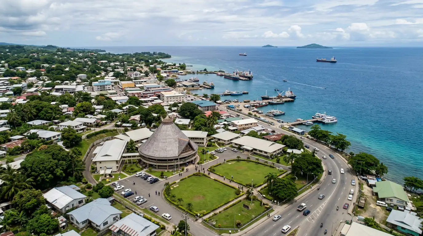 Vue aérienne de Honiara, capitale des Îles Salomon, avec le Parlement au premier plan et le Pacifique Sud en arrière-plan.