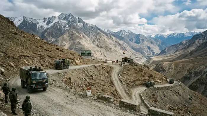 Route de montagne himalayenne le long de la frontière entre l'Inde et la Chine au Ladakh.