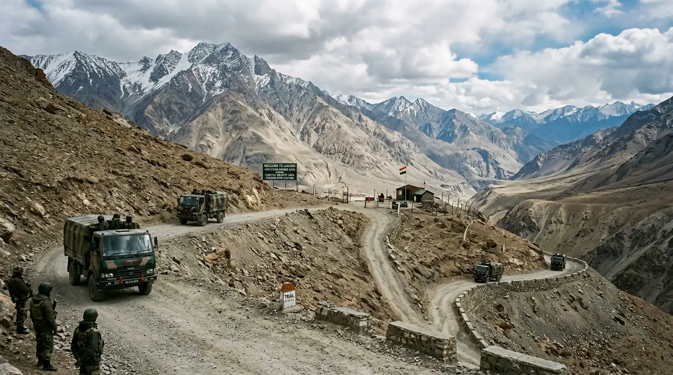 Route de montagne himalayenne le long de la frontière entre l'Inde et la Chine au Ladakh.