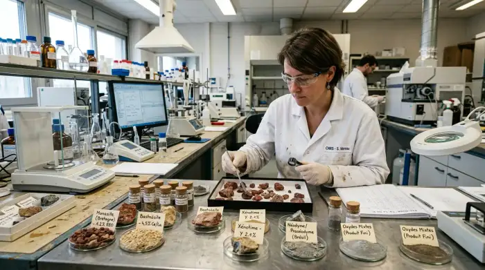 Échantillons de minerais de terres rares présentés dans un laboratoire de traitement.