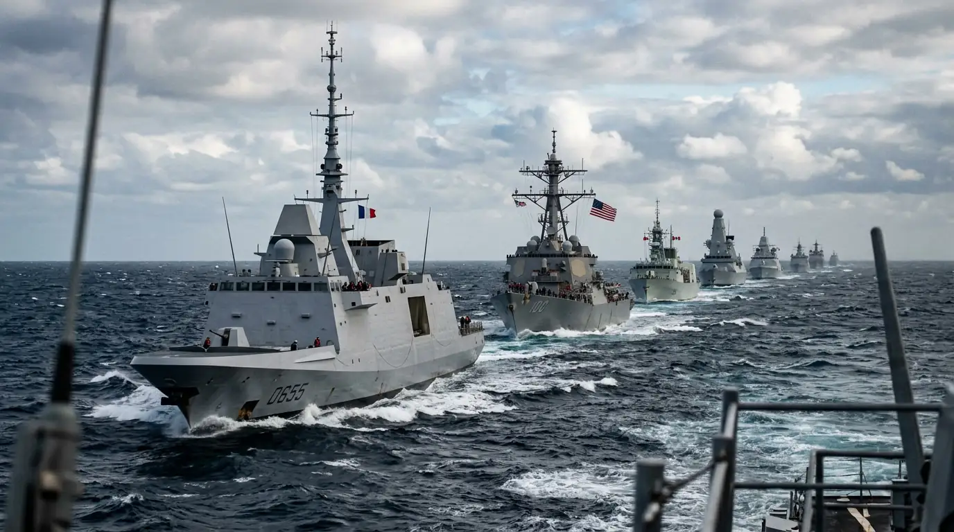 Navires de guerre en formation lors d'un exercice naval multinational en mer.