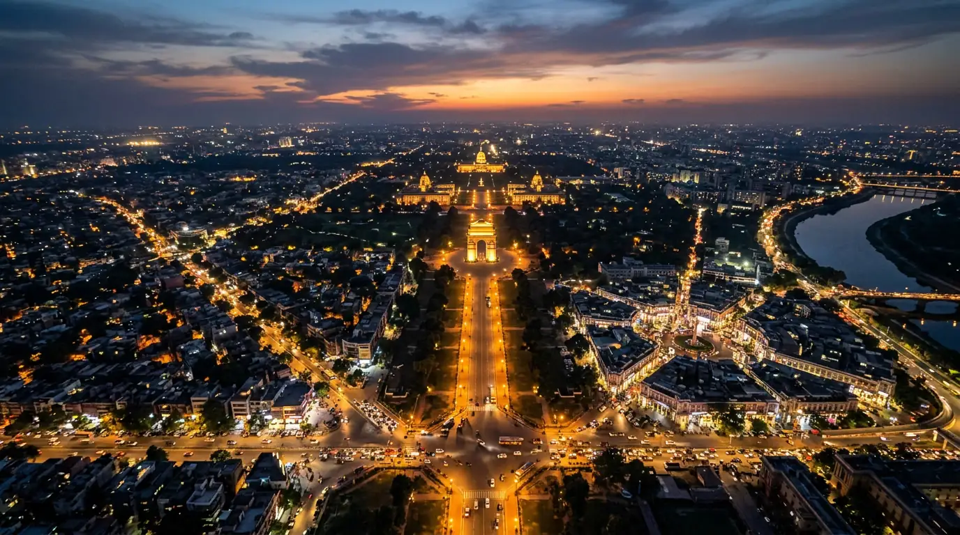 Vue aérienne de New Delhi au crépuscule, lumières de la ville reflétant la complexité stratégique de l'Inde en 2026