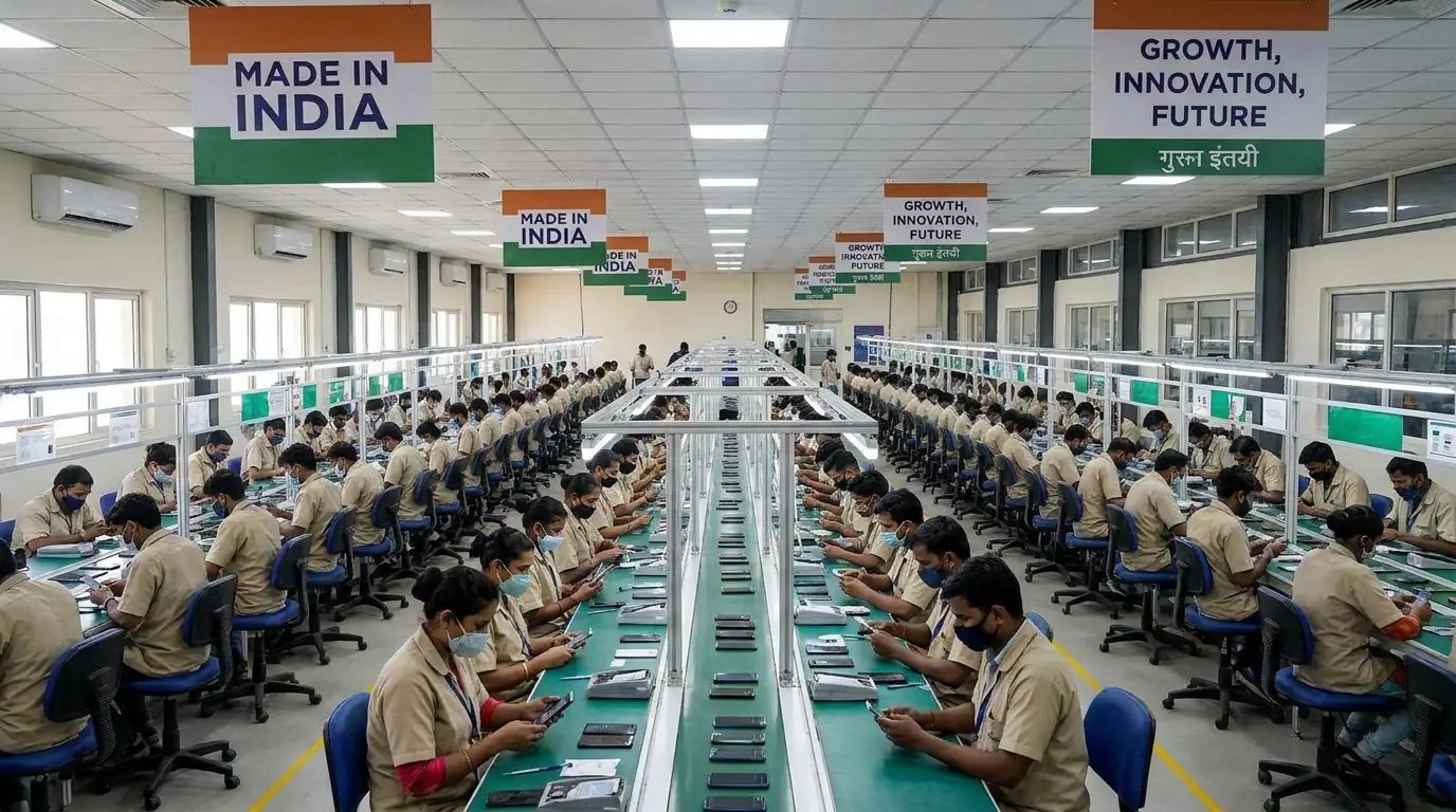 Ligne d'assemblage électronique en Inde avec des ouvriers montant des smartphones, illustrant l'essor manufacturier du pays.