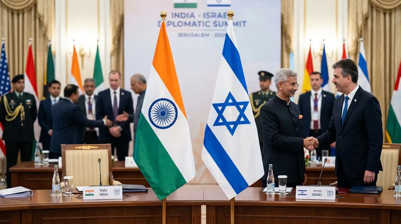 Drapeaux de l'Inde et d'Israël côte à côte lors d'une rencontre diplomatique officielle.