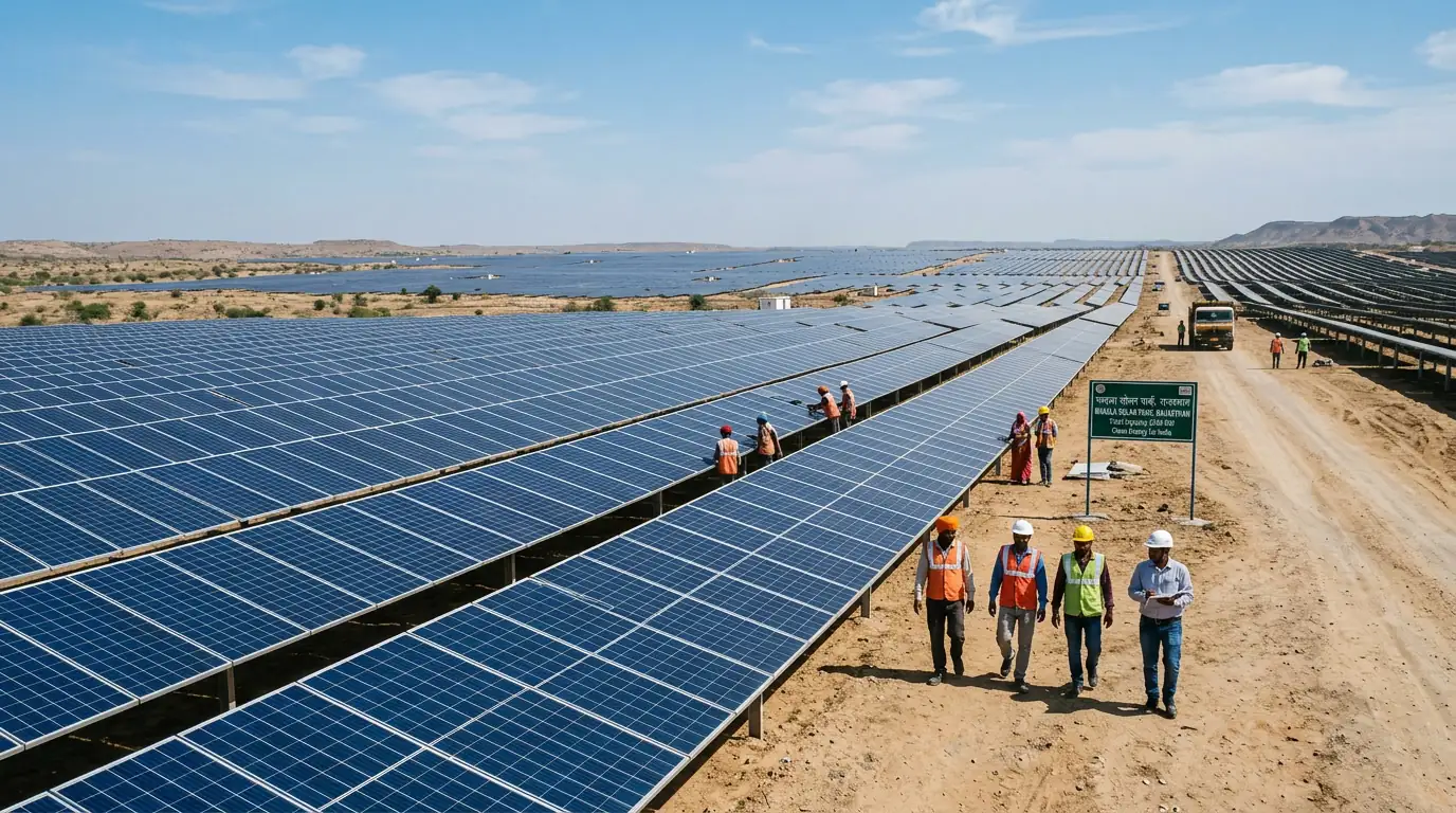 Vaste champ de panneaux solaires sous un ciel dégagé, illustrant l'essor de l'énergie solaire en Inde.