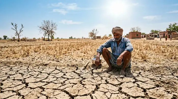 Champ agricole indien craquelé par la sécheresse sous un soleil de plomb, illustrant la vulnérabilité climatique du pays.