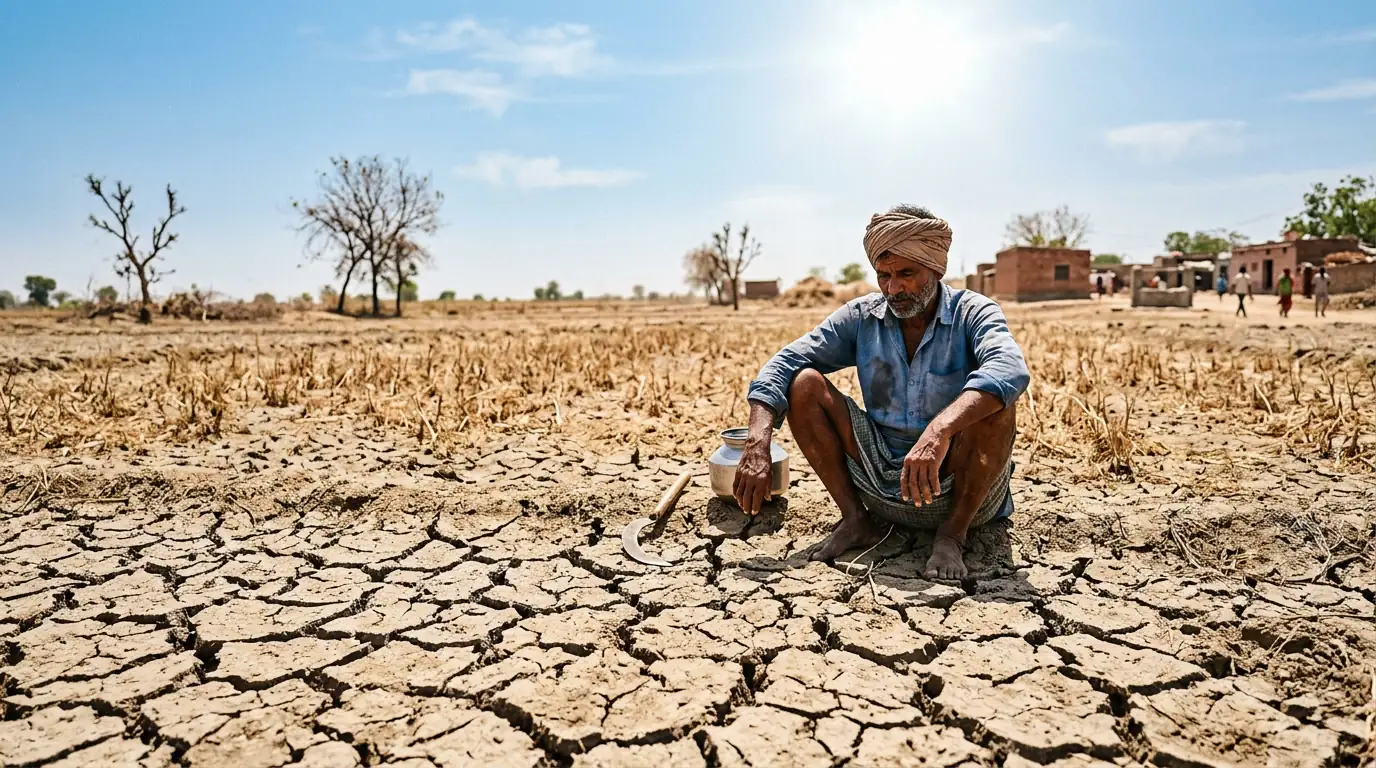 Champ agricole indien craquelé par la sécheresse sous un soleil de plomb, illustrant la vulnérabilité climatique du pays.