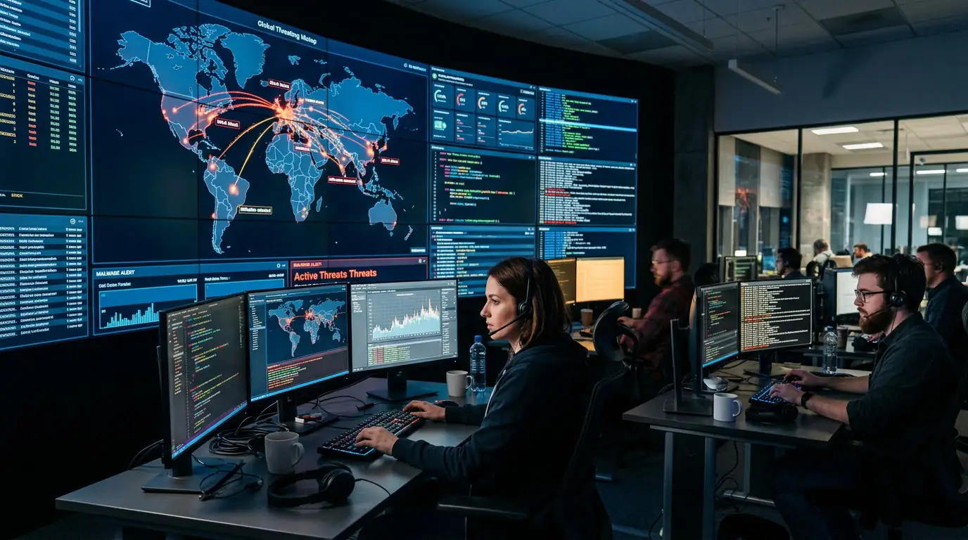 Salle de surveillance de cybersécurité avec écrans affichant des cartes de menaces et du code informatique.