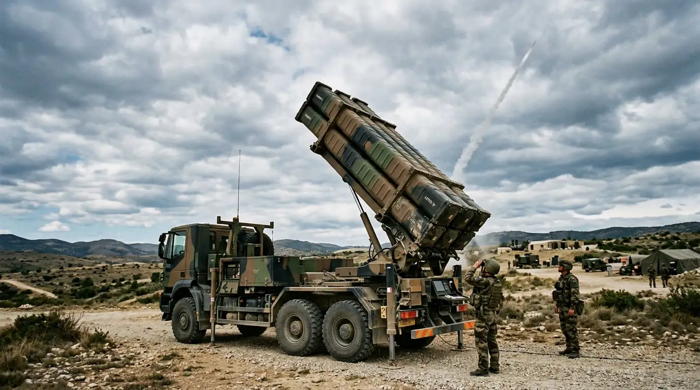 Lanceur de système de défense antiaérienne pointé vers le ciel lors d'un essai militaire.