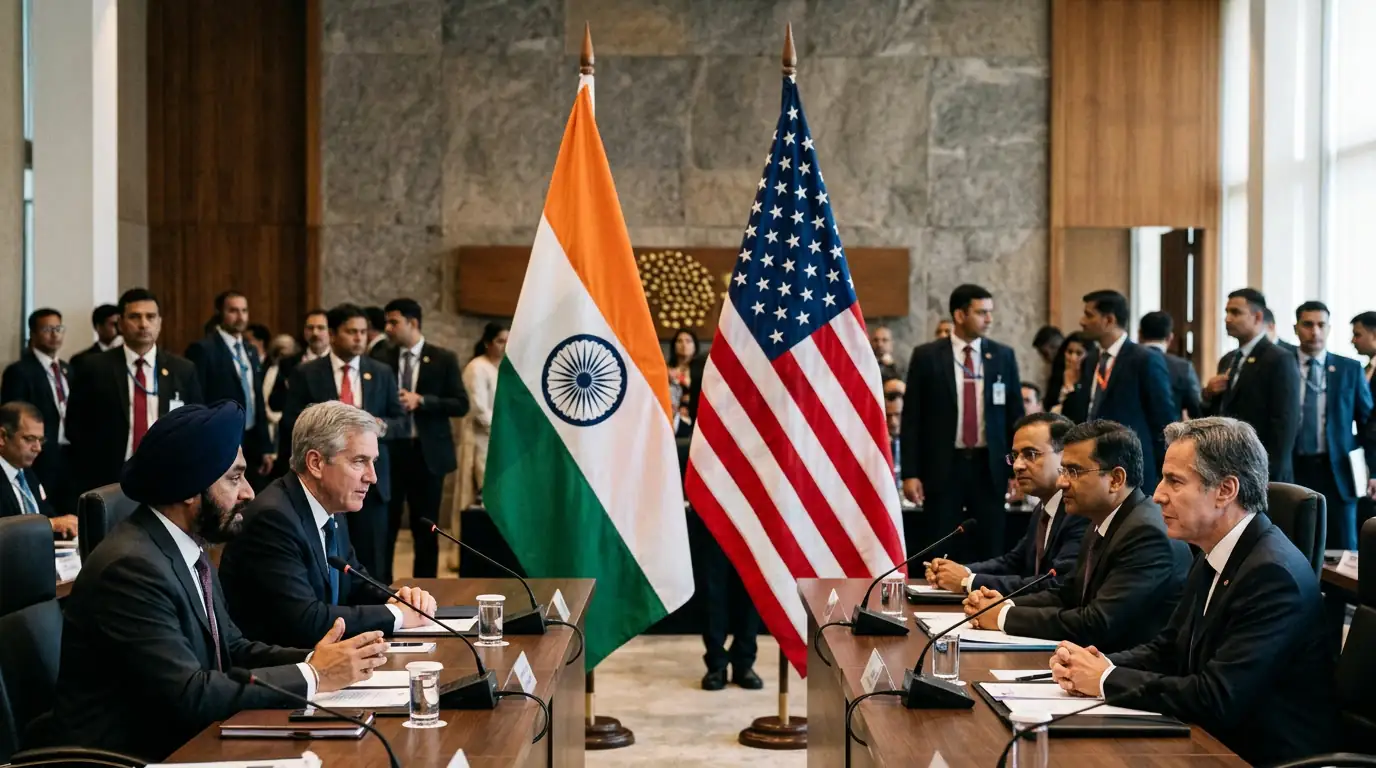 Drapeaux de l'Inde et des États-Unis côte à côte lors d'une rencontre officielle