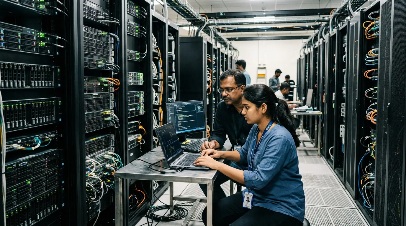 Centre de données et réseau numérique illustrant le développement de l'intelligence artificielle en Inde.