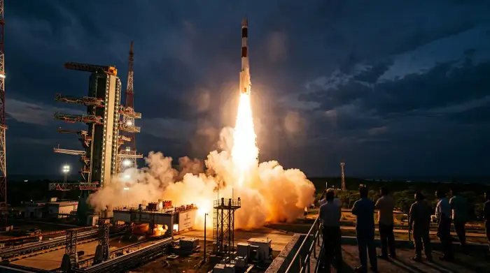 Lancement d'une fusée de l'ISRO depuis le centre spatial indien, symbole de l'essor spatial de l'Inde.