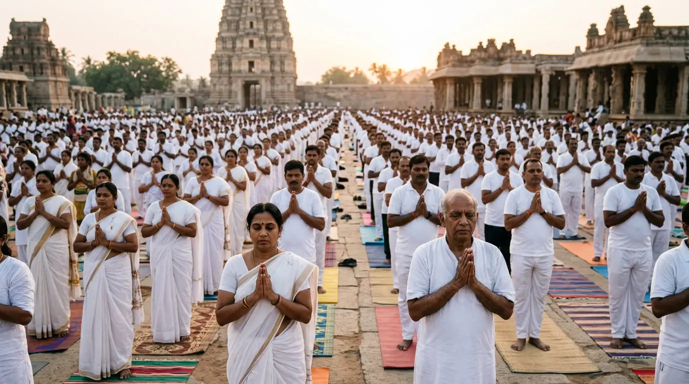 Pratiquants de yoga alignés en plein air lors d'une démonstration de masse en Inde.