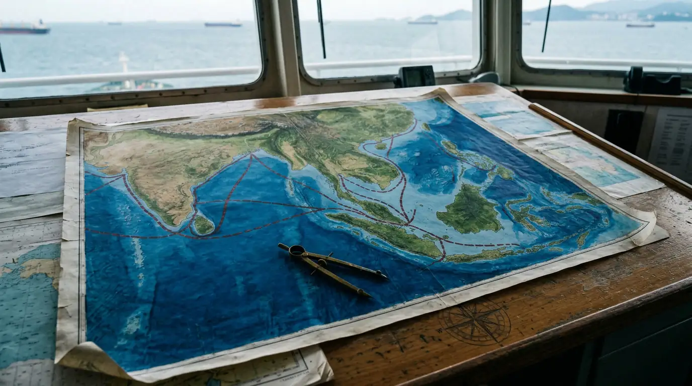 Carte de l'Asie du Sud-Est avec les routes maritimes reliant l'Inde aux pays de l'ASEAN.
