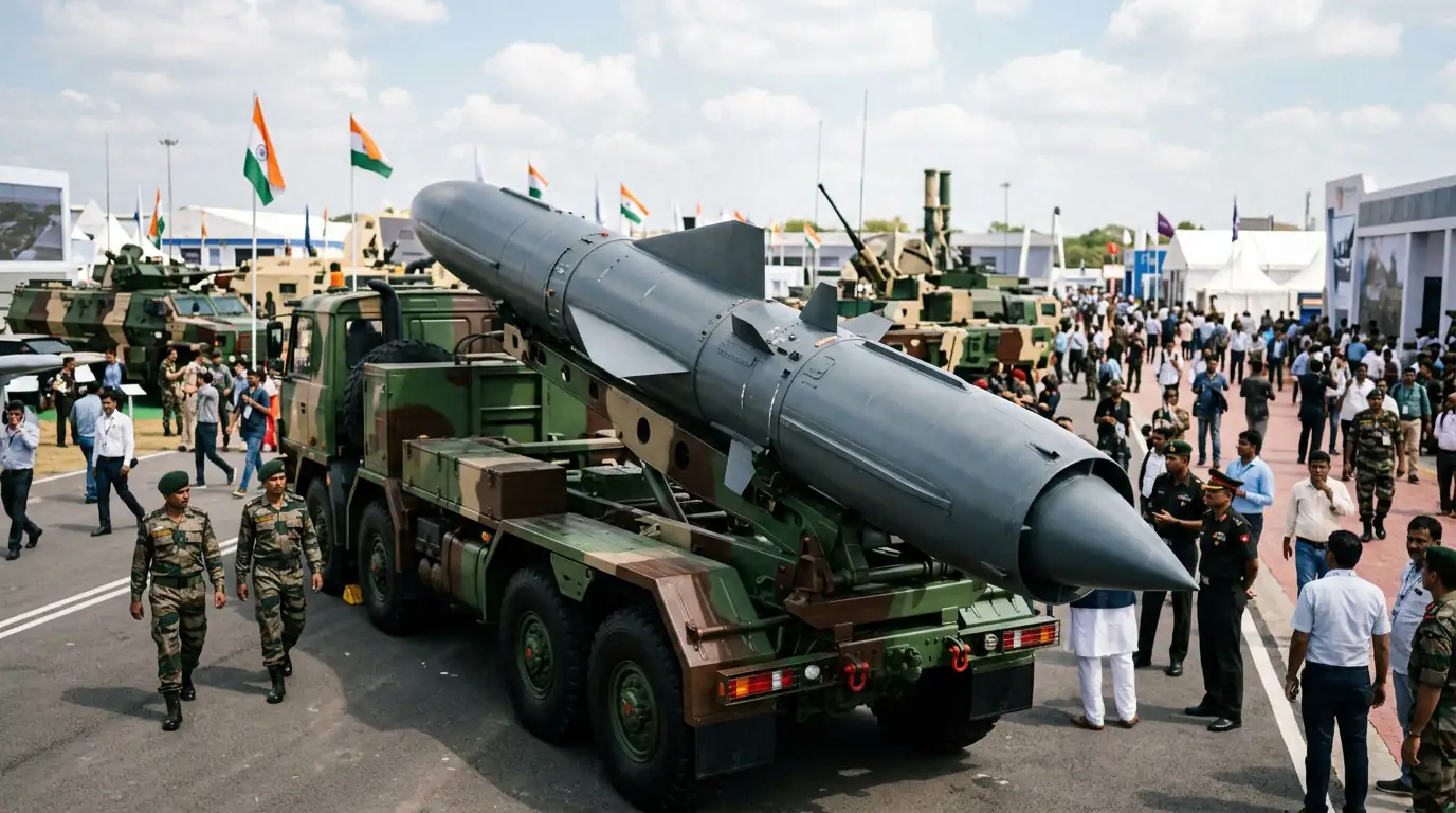 Missile BrahMos exposé lors d'un salon de défense indien