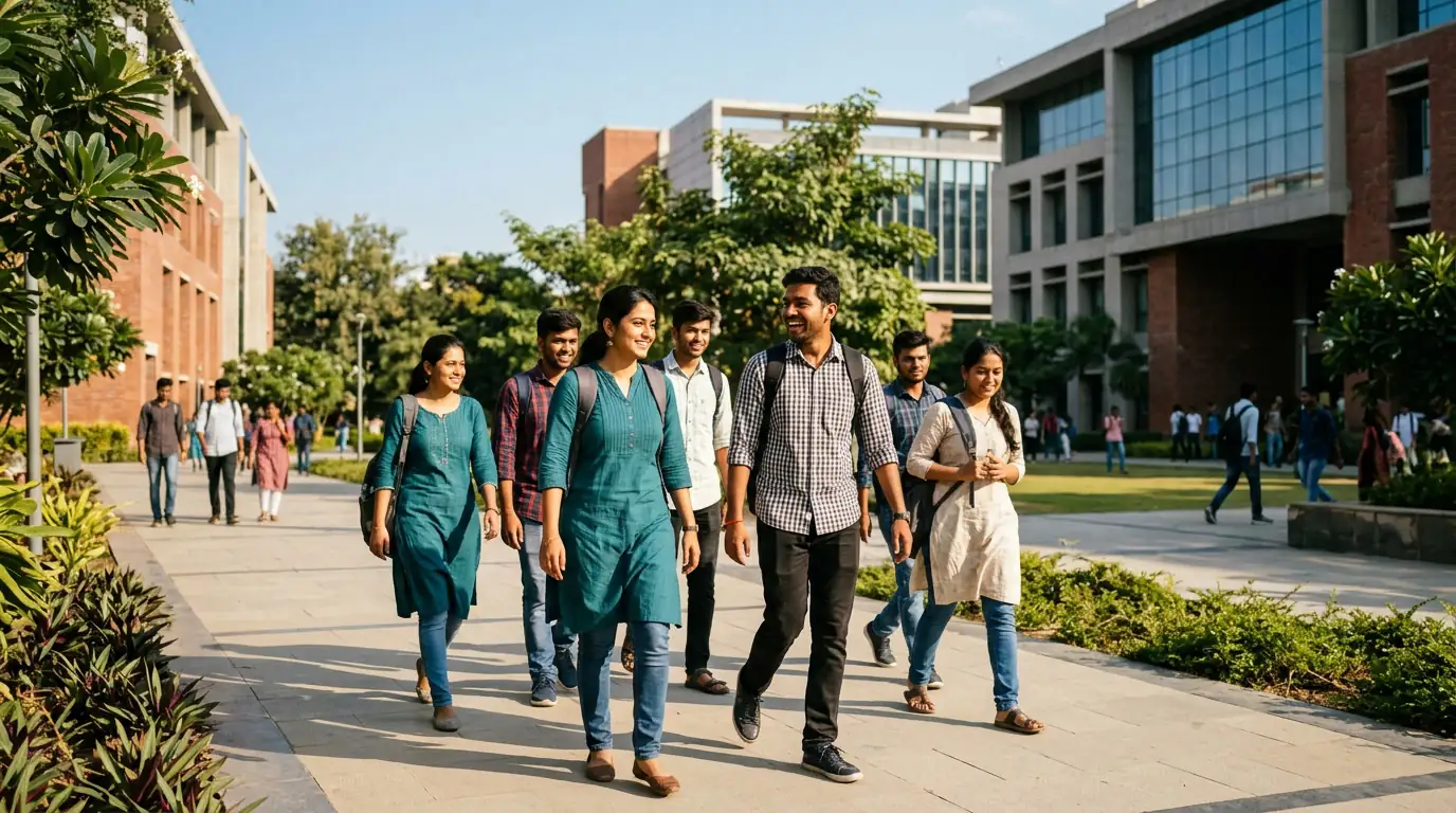 Étudiants indiens traversant un campus universitaire moderne au soleil