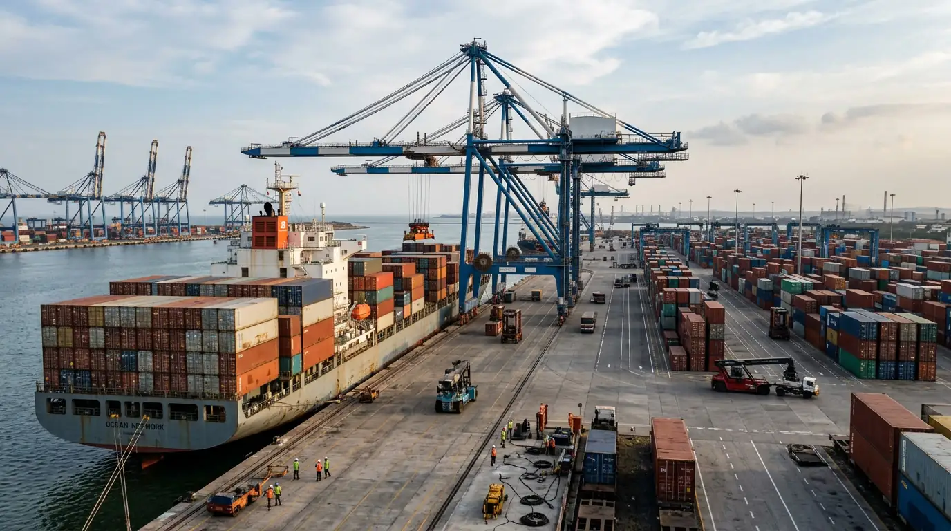 Porte-conteneurs et grues sur un terminal portuaire représentant les corridors de connectivité indiens