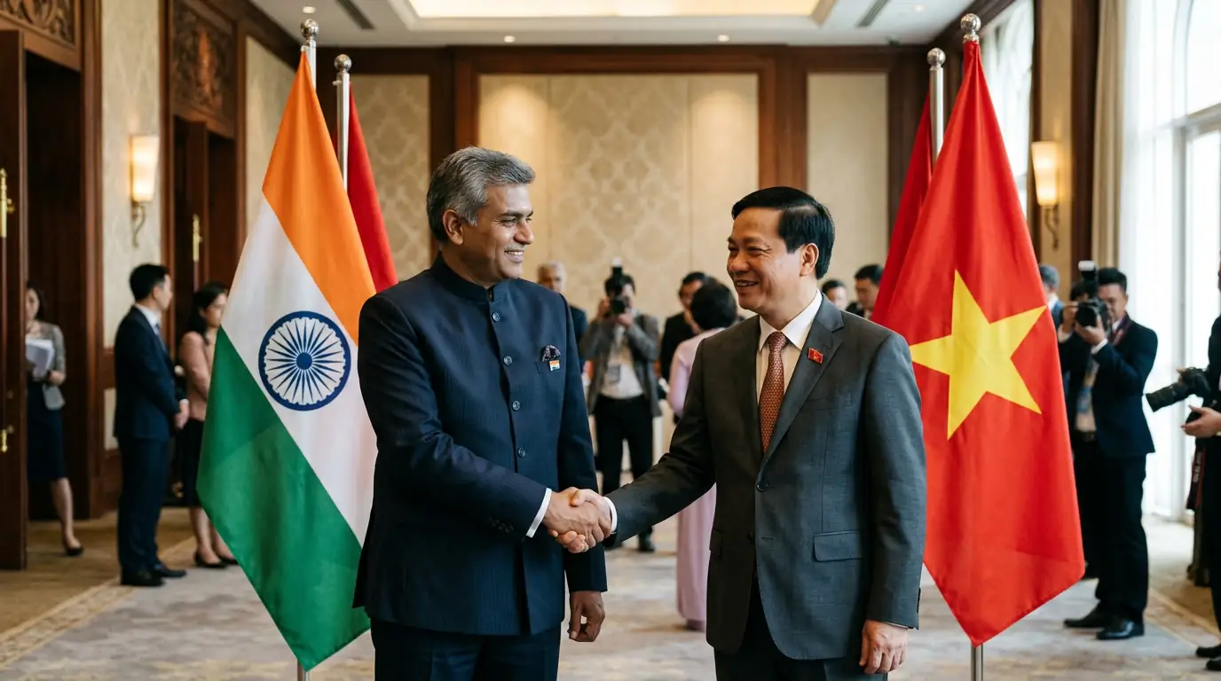 Poignée de main diplomatique entre représentants indiens et vietnamiens devant leurs drapeaux.