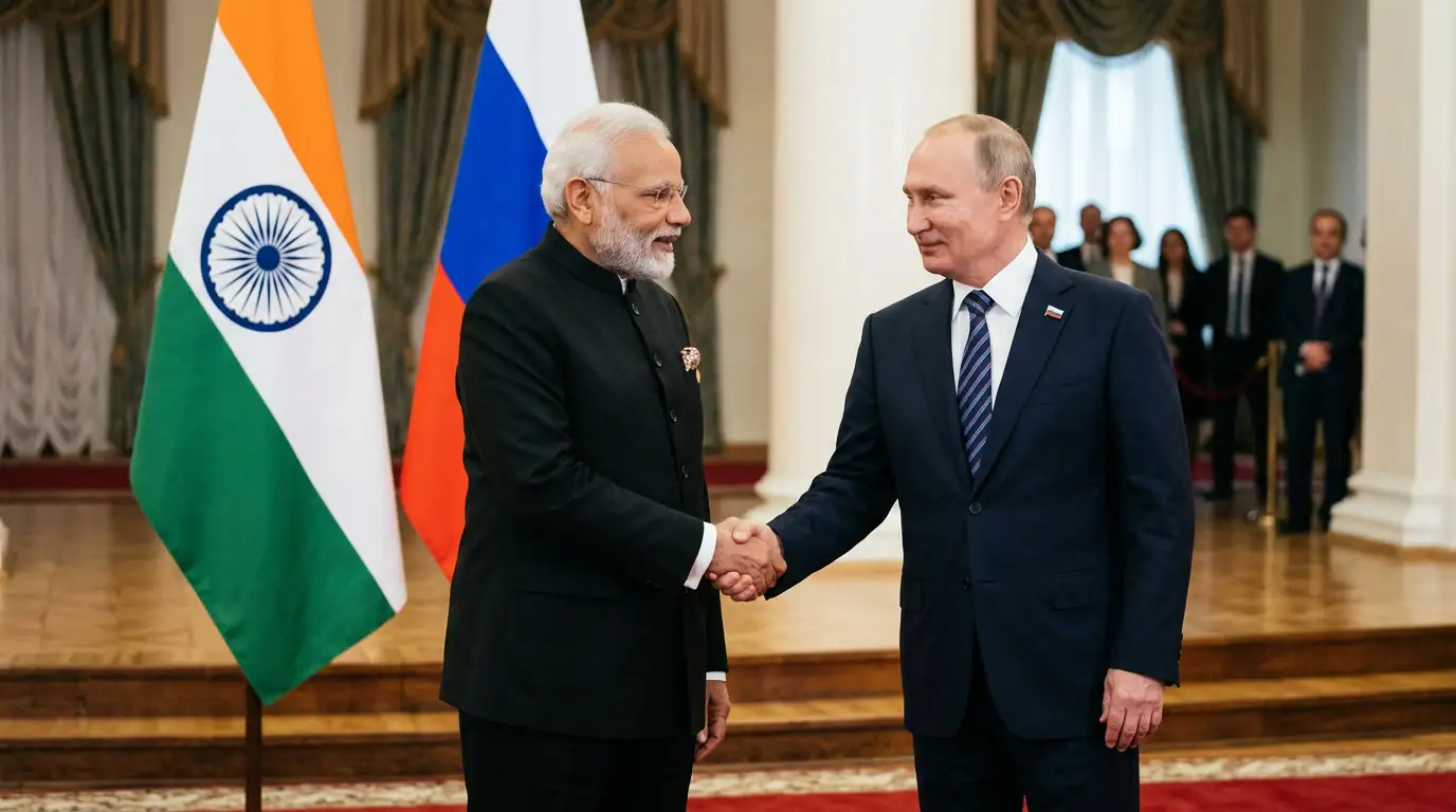 Poignée de main diplomatique devant les drapeaux de l'Inde et de la Russie