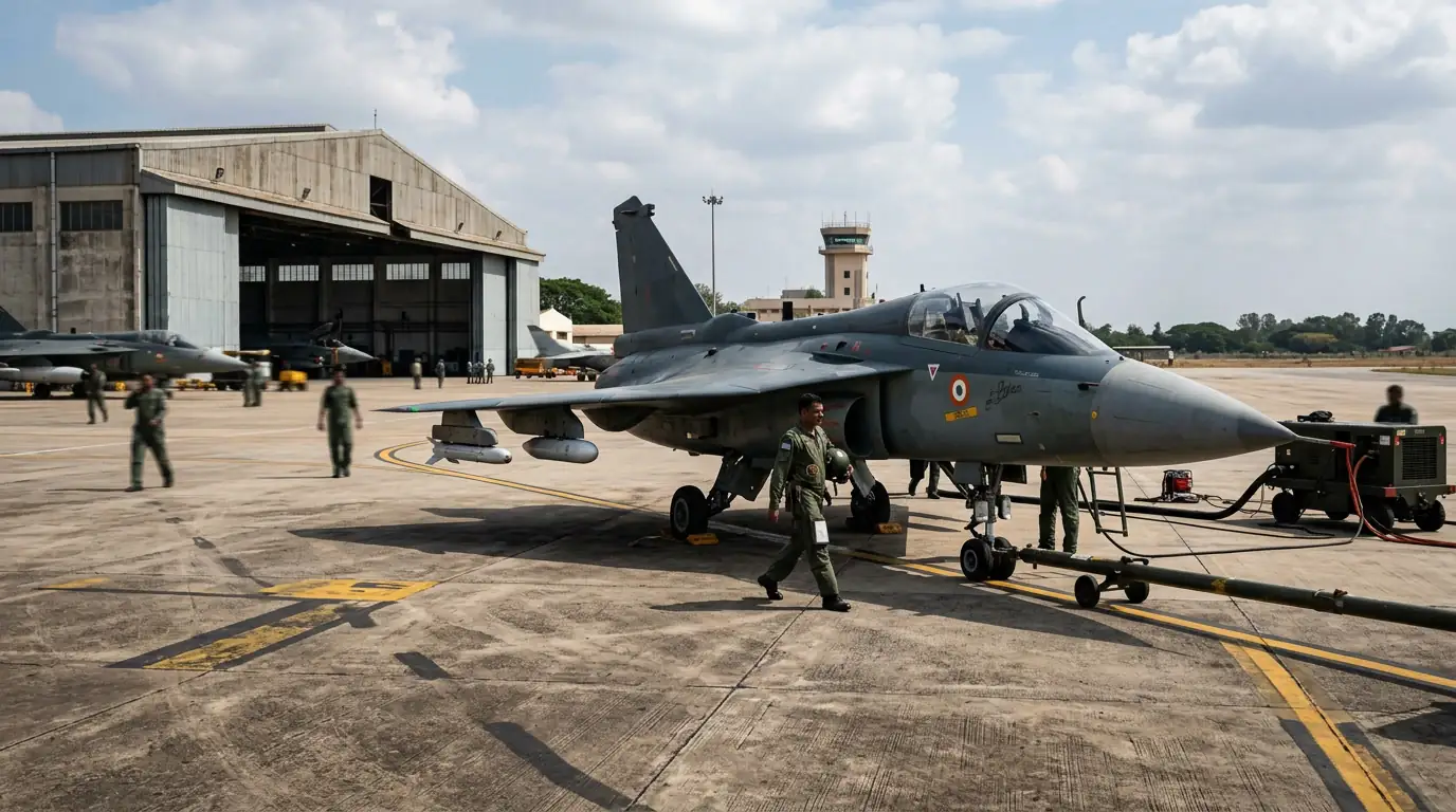 Chasseur léger Tejas de conception indienne sur le tarmac d'une base aérienne