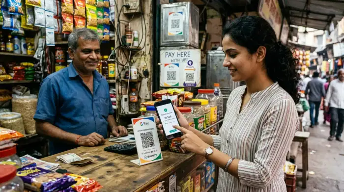 Téléphone mobile affichant un paiement instantané UPI dans une boutique en Inde.