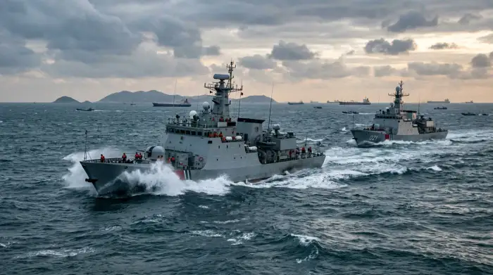 Navires de garde-côtes manœuvrant dans les eaux disputées de la mer de Chine méridionale.