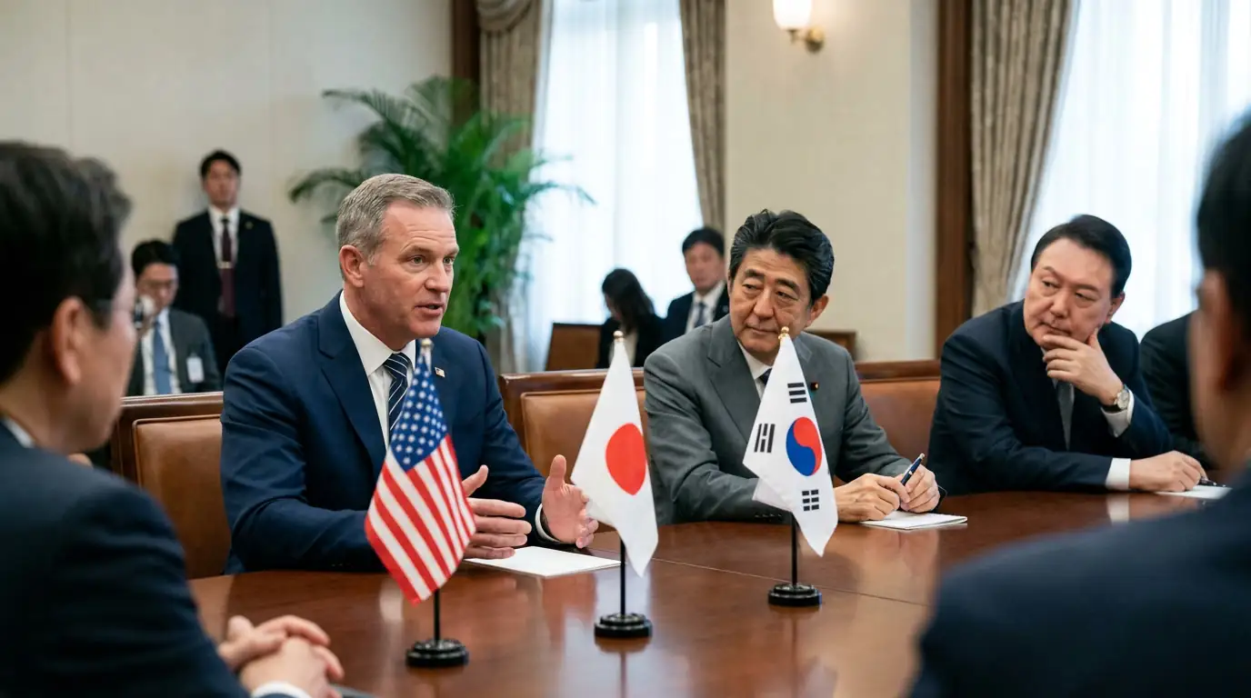 Drapeaux des États-Unis, du Japon et de la Corée du Sud lors d'une rencontre diplomatique