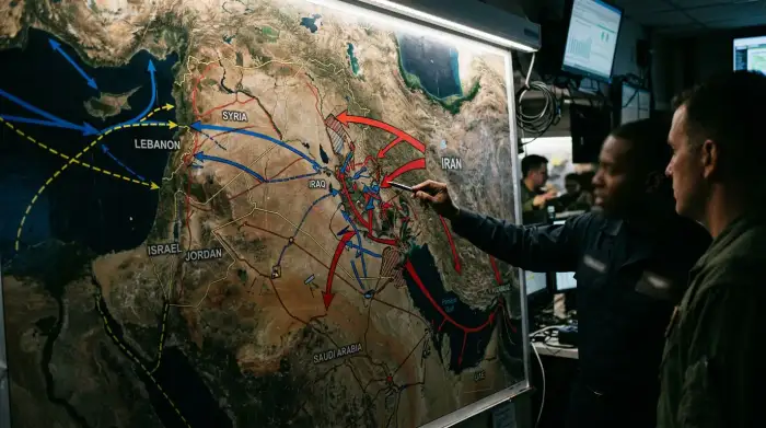 Carte du Moyen-Orient sous tension, du détroit d'Ormuz au Liban, illustrant les trajectoires possibles de la guerre Iran–États-Unis de 2026.