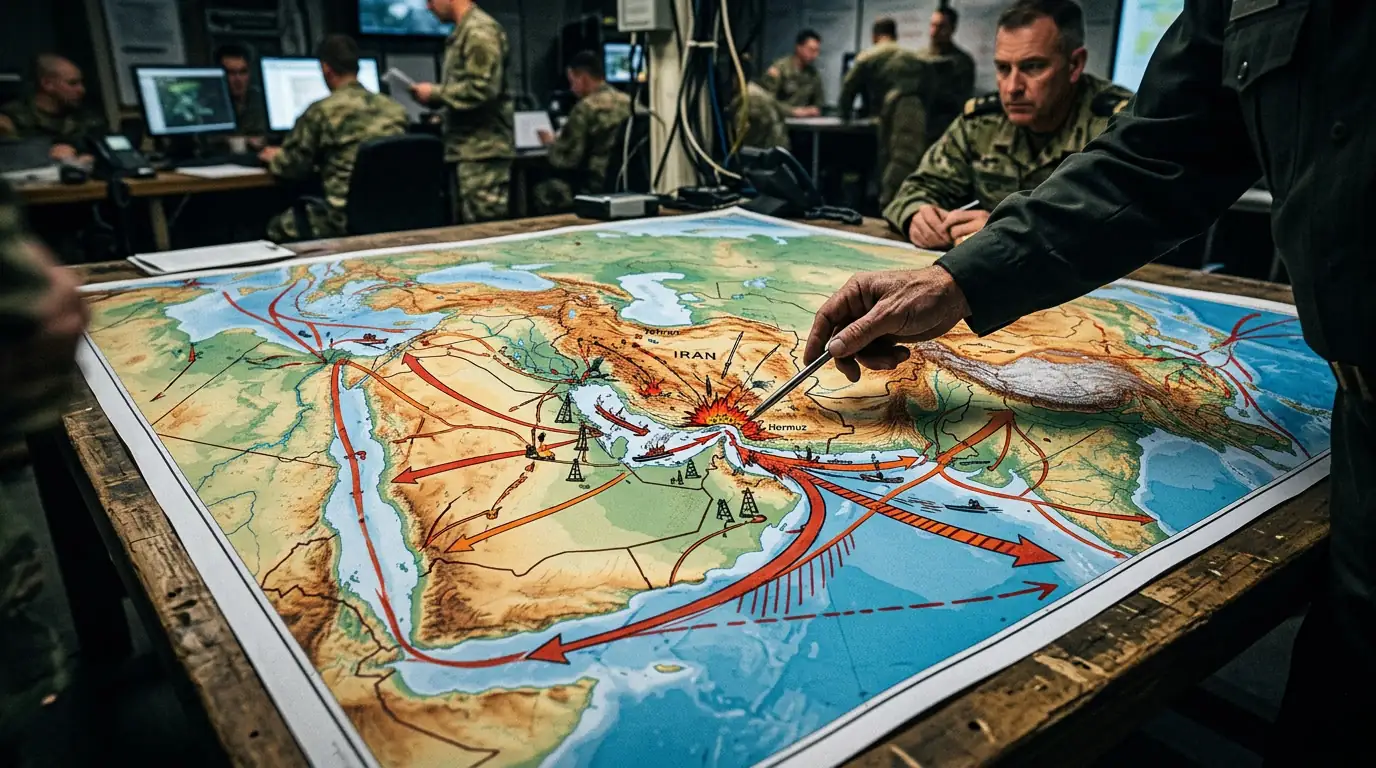 Carte du Moyen-Orient reliant Téhéran, le détroit d'Ormuz et le Golfe, illustrant la propagation d'un choc militaire à l'économie mondiale en 2026.