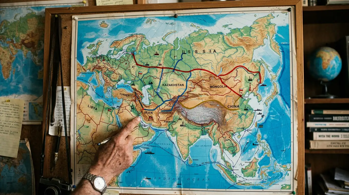 Carte géopolitique illustrant les liaisons stratégiques entre l'Iran, la Chine et la Russie sur fond de tensions mondiales