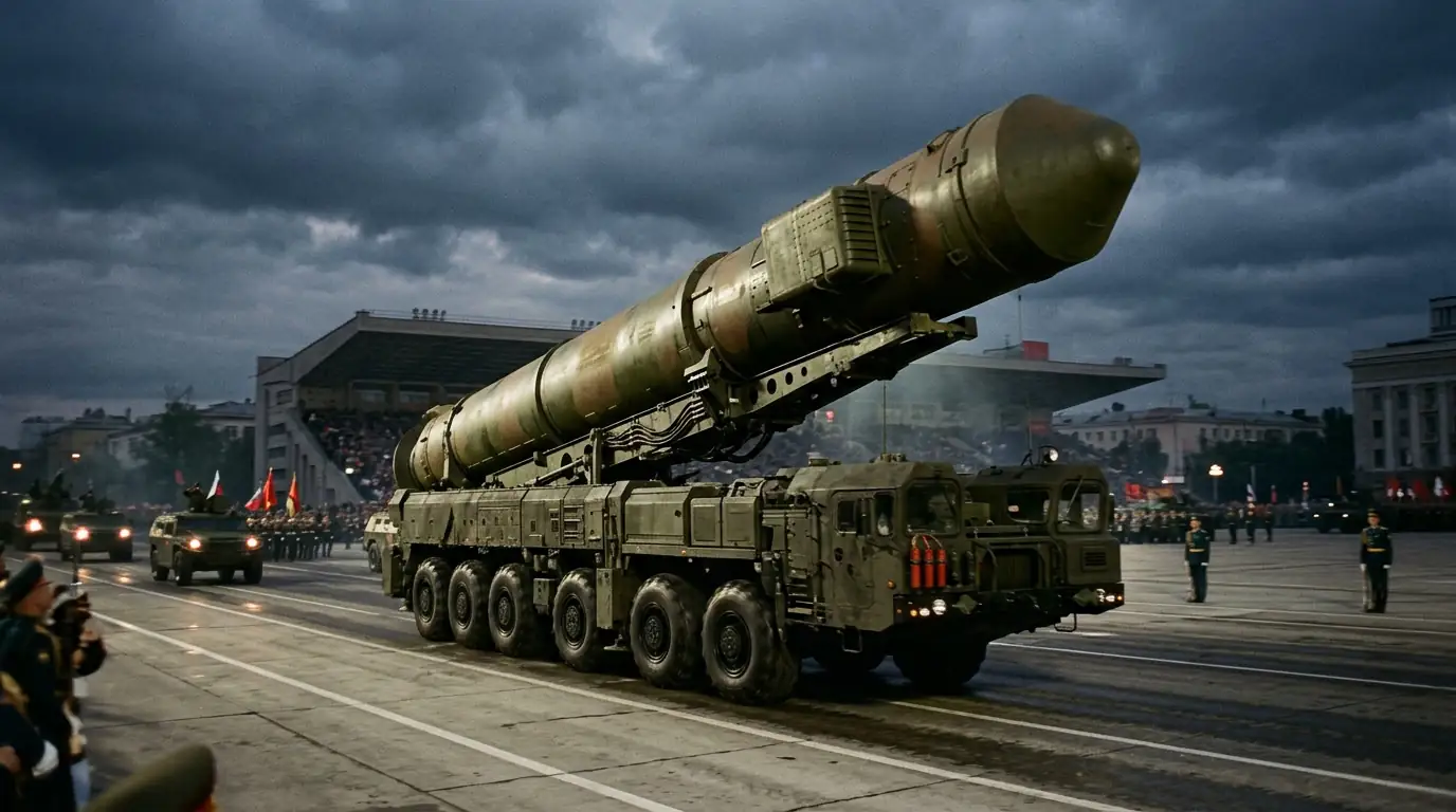 Missile balistique sur sa rampe lors d'une parade militaire, ciel sombre en arrière-plan.