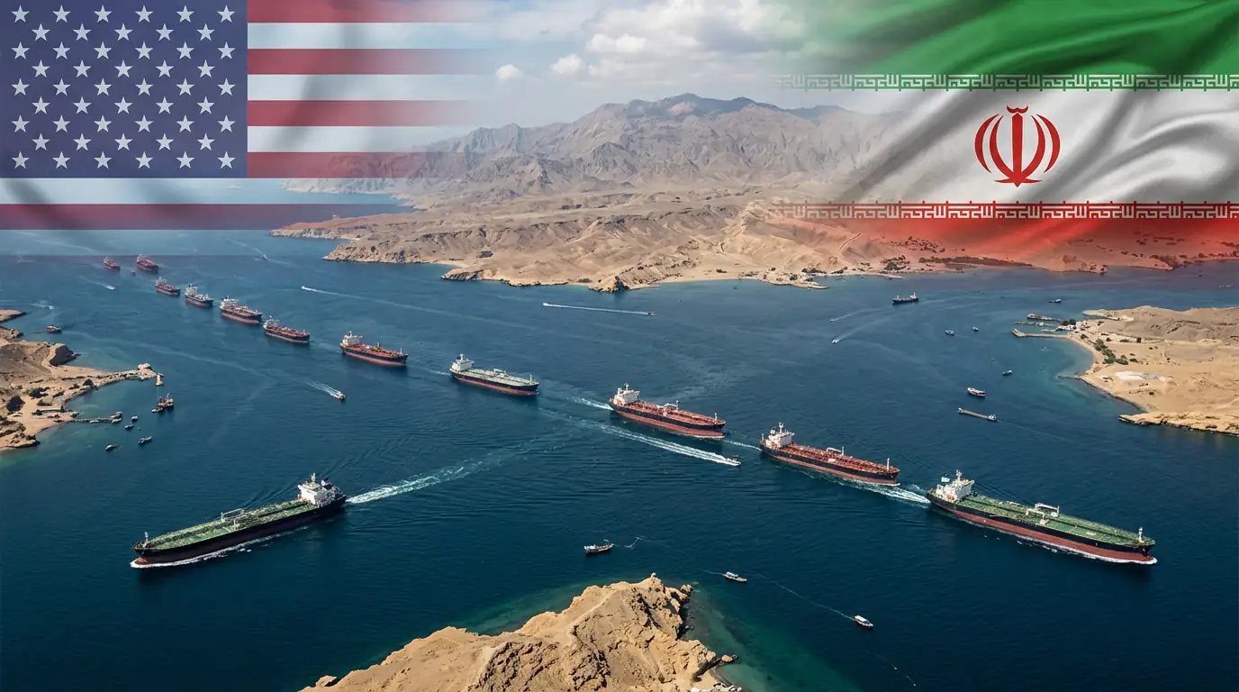 Vue aérienne du détroit d'Ormuz avec navires pétroliers en file, drapeaux américain et iranien en surimpression