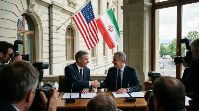 Bâtiment diplomatique à Genève avec drapeaux américain et iranien lors de la cérémonie de signature de l'accord de paix en juin 2026.