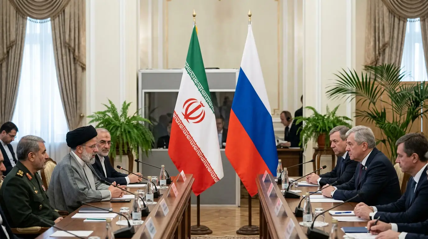 Drapeaux iranien et russe côte à côte lors d'une rencontre officielle, illustrant l'alliance stratégique entre Téhéran et Moscou.