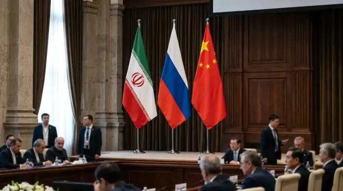 Drapeaux de l'Iran, de la Russie et de la Chine côte à côte lors d'un sommet diplomatique.