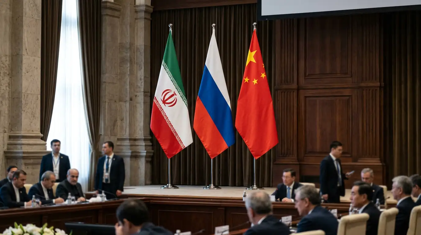 Drapeaux de l'Iran, de la Russie et de la Chine côte à côte lors d'un sommet diplomatique.