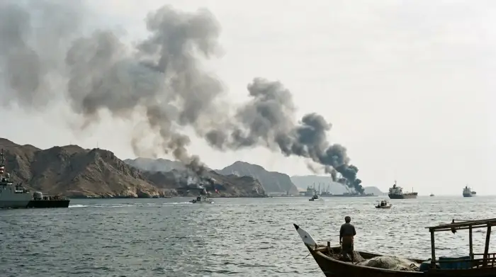 Fumée s'élevant au-dessus du détroit d'Ormuz après des frappes militaires, eaux du Golfe Persique en arrière-plan