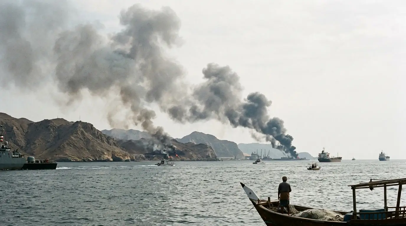 Fumée s'élevant au-dessus du détroit d'Ormuz après des frappes militaires, eaux du Golfe Persique en arrière-plan