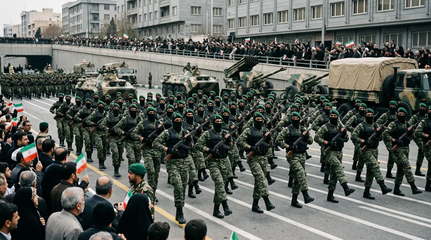 Défilé militaire des Gardiens de la Révolution iraniens, illustrant la puissance du Corps des Gardiens de la Révolution islamique.