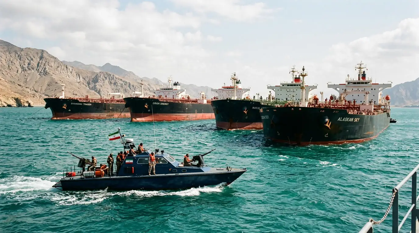 Pétroliers à l'arrêt à l'entrée du détroit d'Ormuz, sous surveillance de vedettes iraniennes, illustrant le blocage du transit énergétique.